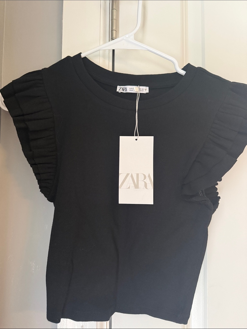 Zara Black Ribbed Top with Ruffle Short Sleeves